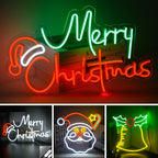 De afbeelding toont een levendig LED-neonbord met de tekst "Merry Christmas" in een klassiek, cursief lettertype.