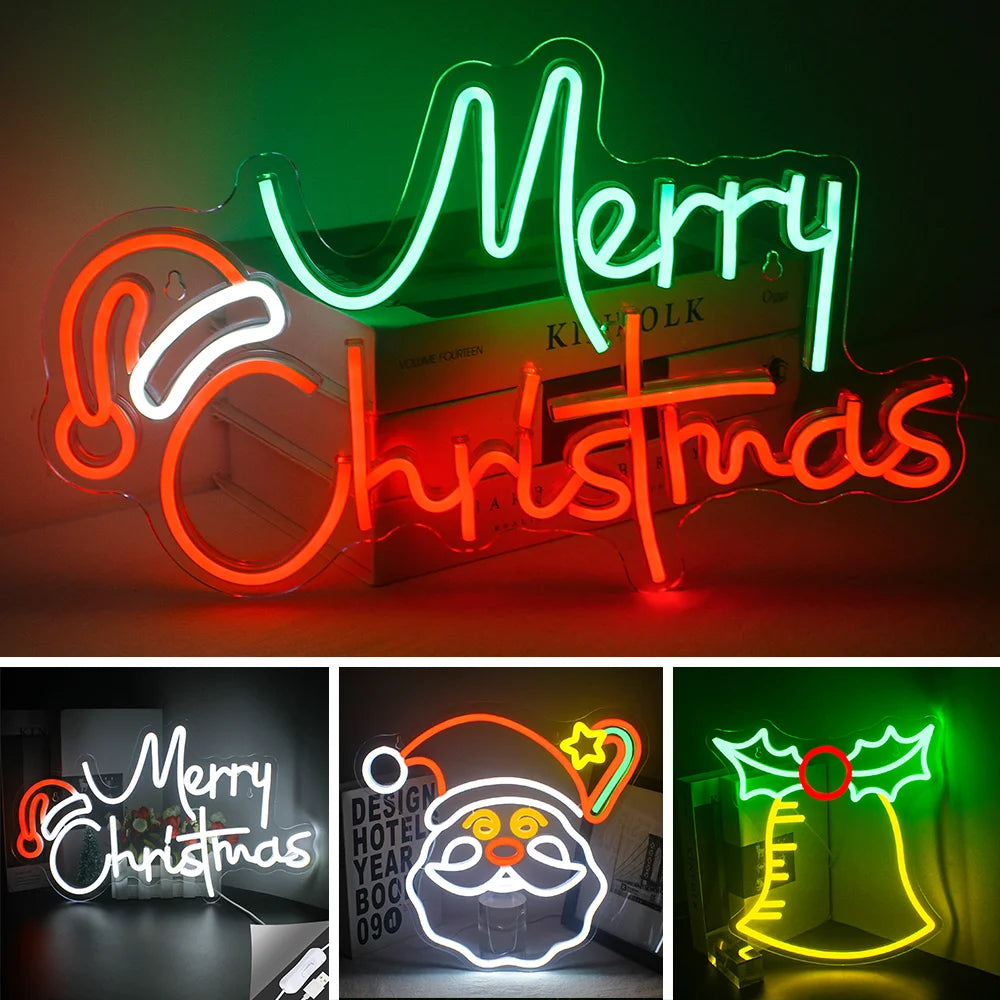 De afbeelding toont een levendig LED-neonbord met de tekst "Merry Christmas" in een klassiek, cursief lettertype.