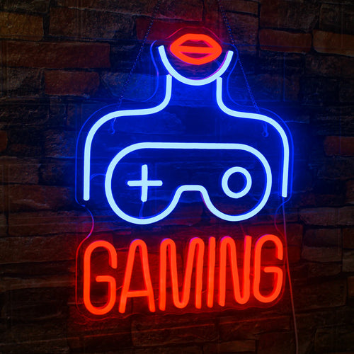 GAMING – Vrouw en gamecontroller – LED-neonbord (5 V USB)
