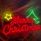 The image features a vibrant "Merry Christmas" LED neon sign.