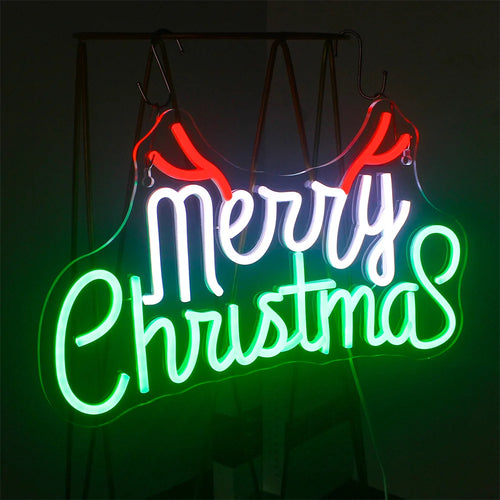 Merry Christmas – Groene en rode letters met gewei – LED-neonbord (5 V USB)