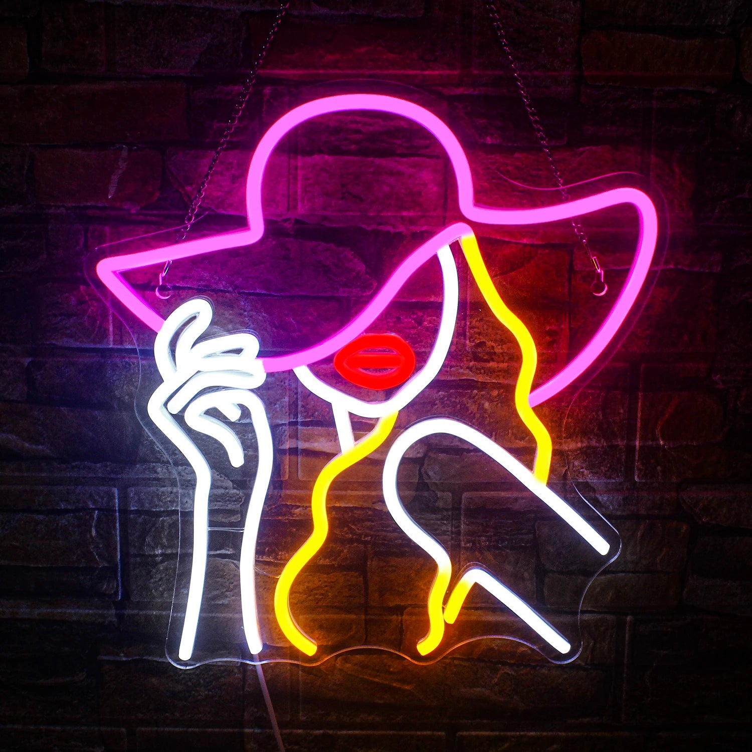 A vibrant LED neon sign designed in the shape of a classic cowboy hat.
