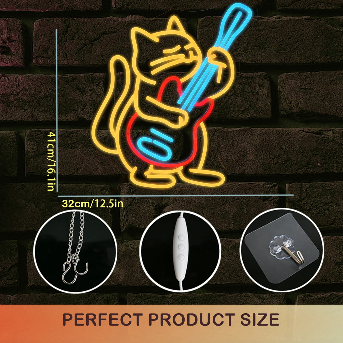 Kat die gitaar speelt – LED-neonbord (5 V USB)