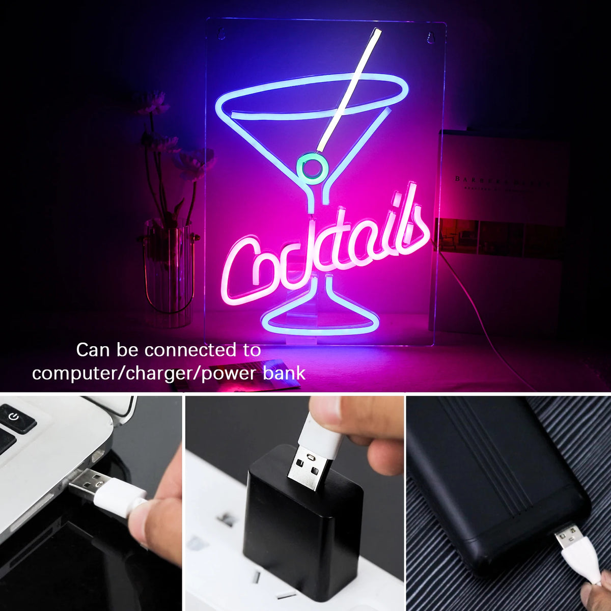 Cocktails – Martiniglas – LED-neonreclame (5 V USB)