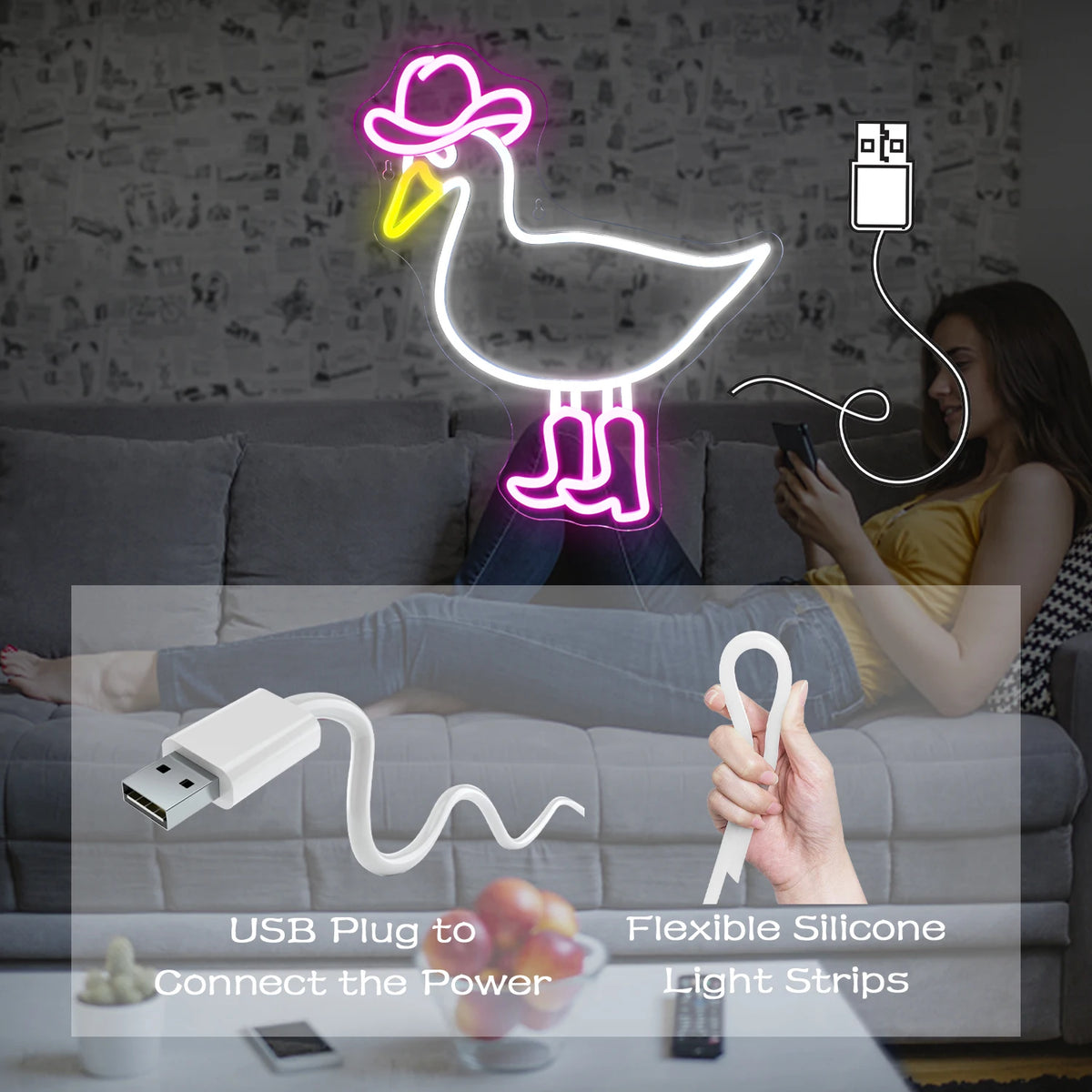 Pink White Cowboy Duck 5V USB LED Neon Sign - Budget Friendly