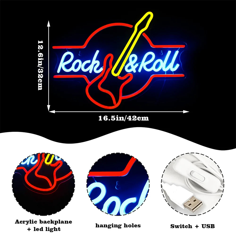 Guitar Rock and Roll 5V USB LED Neon Sign - Budget Friendly