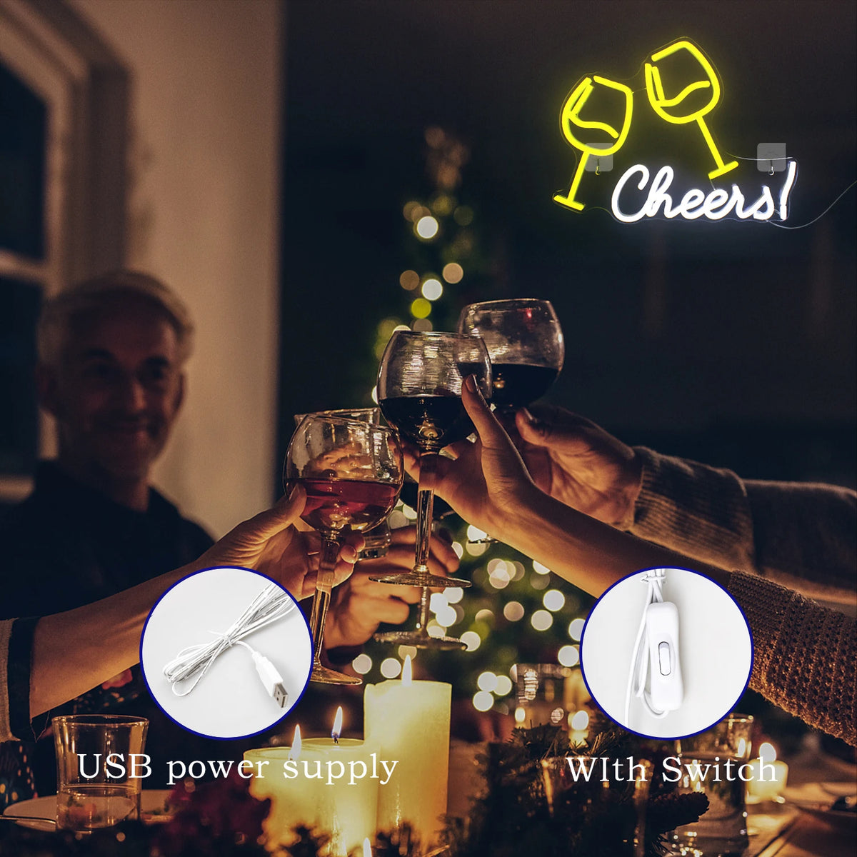 Cheers! – Klinkende wijnglazen – LED-neonbord (5 V USB)