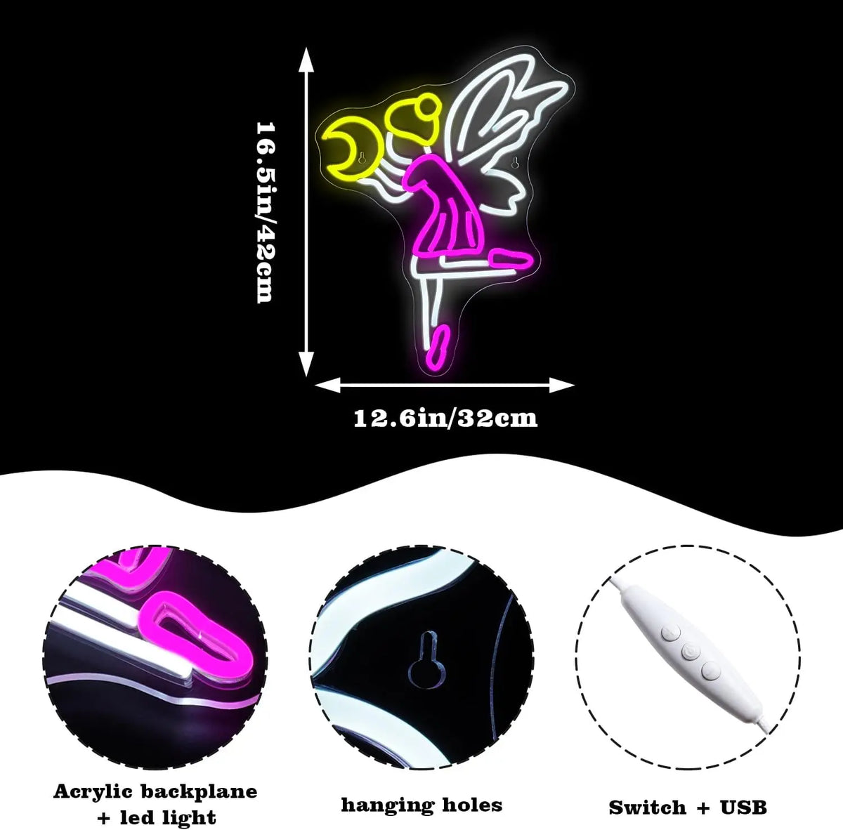Vliegende fee en maan – LED-neonbord (5 V USB)