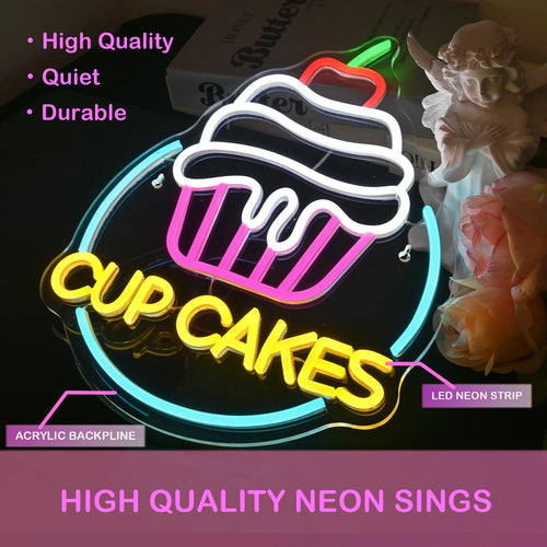 CUP CAKES – Cupcake met kers en rond kader – LED-neonreclame (5 V USB)