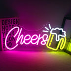 The image features a vibrant "Cheers" LED Neon Sign illuminated against a dark background.