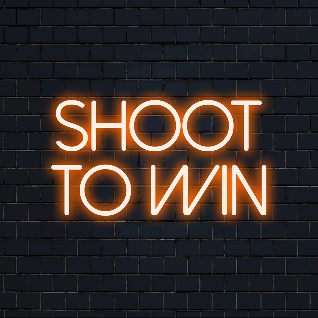 Op maat gemaakt LED-neonbord met 'Shoot to Win' in levendige kleuren, perfect voor een unieke, motiverende neonmuurdecoratie.