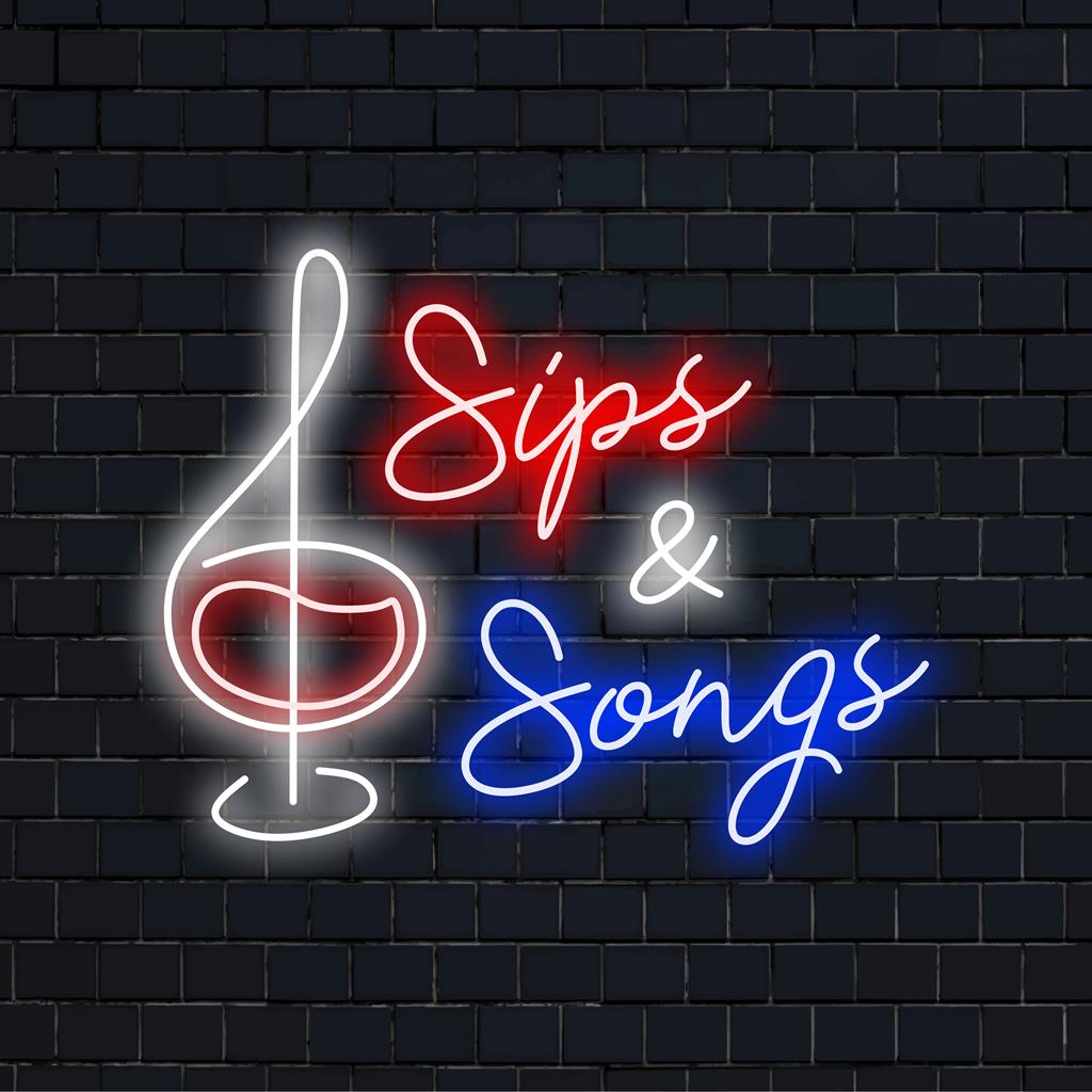 Sips and Songs LED-neonreclame op maat, perfecte neonverlichtingsdecoratie voor het creëren van een levendige en sprankelende sfeer in elke ruimte.