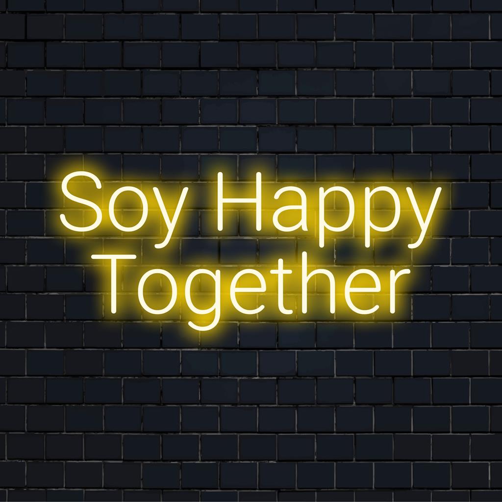 Een aangepast LED-neonbord met de tekst Soy Happy Together, perfect om een ​​speels, persoonlijk tintje aan elke ruimte toe te voegen.