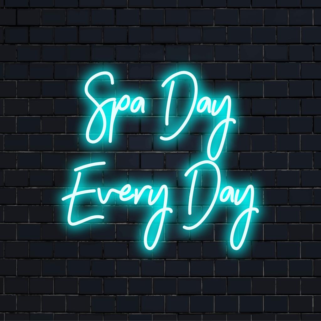 Op maat gemaakt LED-neonbord met de tekst 'Spa Day Every Day', perfect voor een ontspannen sfeer. Neon wanddecoratie, gepersonaliseerde neondecoratie.