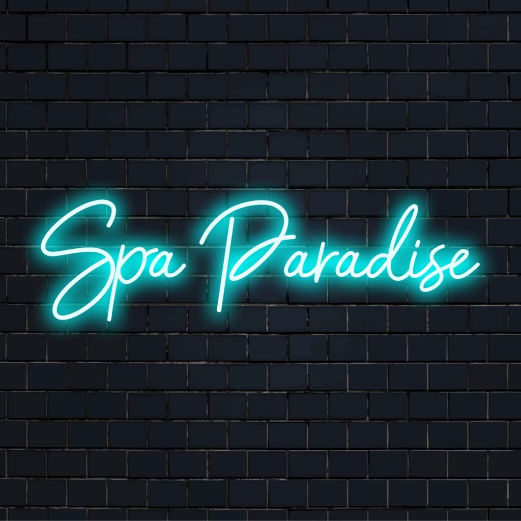 Levendig, op maat gemaakt LED-neonbord met de naam Spa Paradise, ideaal voor het versterken van ontspannende ruimtes met een rustgevende neonsfeer.