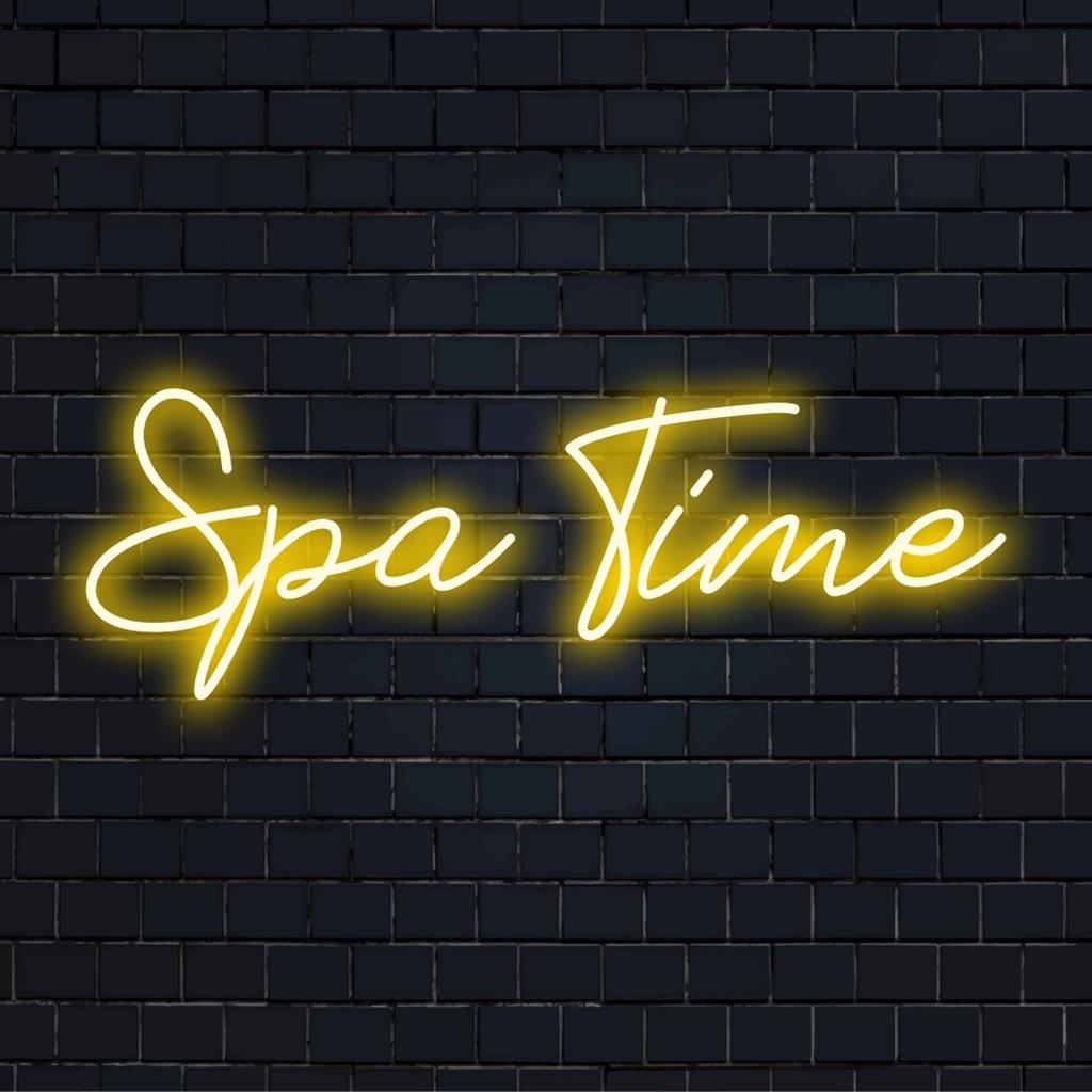 Op maat gemaakt LED-neonbord met de tekst Spa Time in een elegant lettertype, perfect voor serene wellnessruimtes en ontspanningsruimtes.