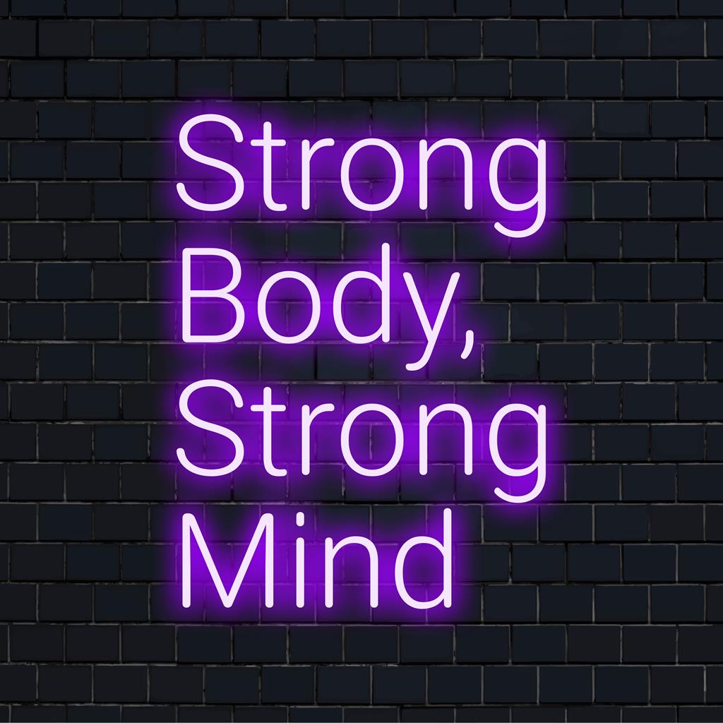Een levendig, op maat gemaakt LED-neonbord met de tekst Sterk lichaam, sterke geest in het vetgedrukte lettertype. Het verlicht elke ruimte met een inspirerende decoratie.