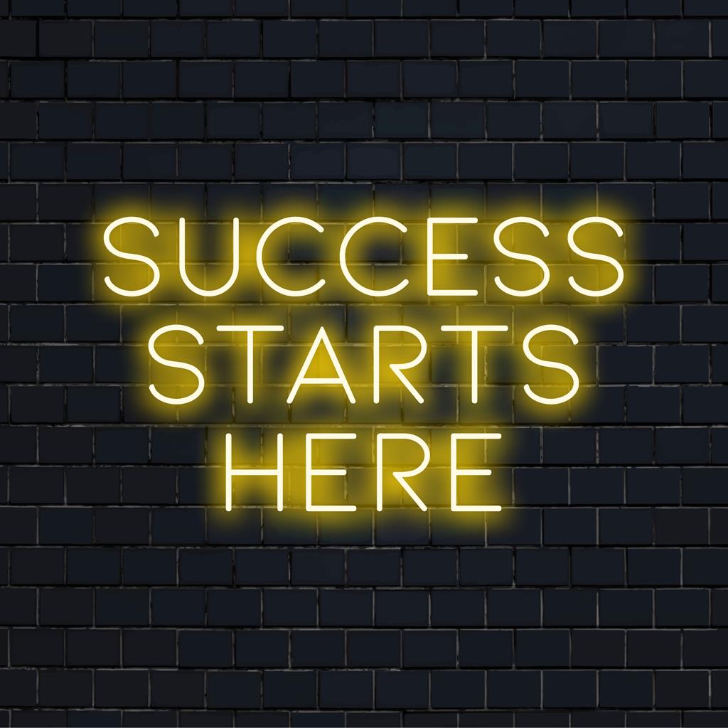 LED neon sign displaying Success Starts Here 2 with glowing bluish-white LED, perfect for vibrant neon wall art decor.
