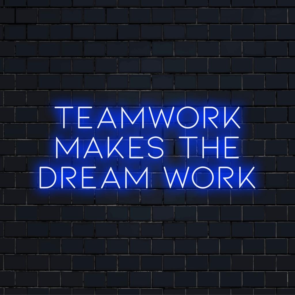 This vibrant custom LED neon sign creatively illustrates the phrase Teamwork Makes The Dream Work in vivid glowing colors.