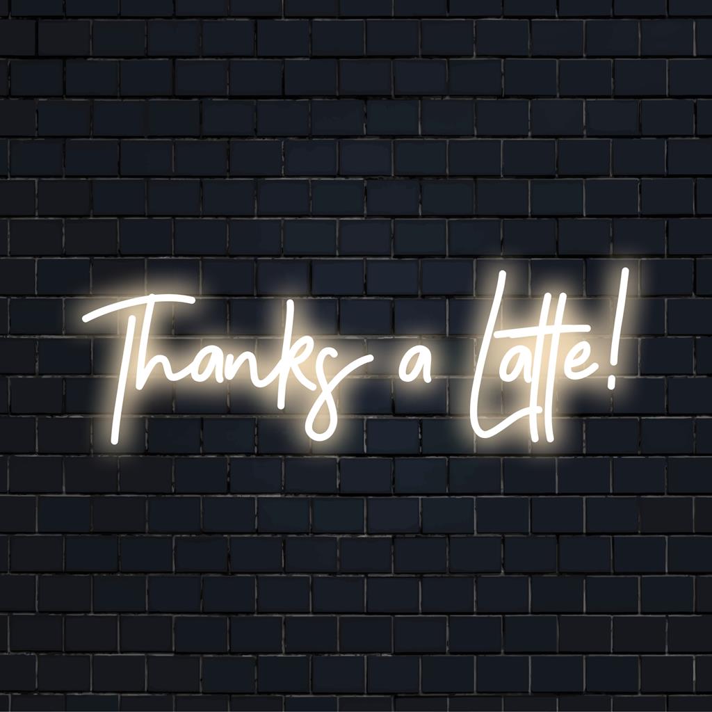 Levendig 'Thanks A Latte!' LED-neonbord met speels, cursief lettertype, de perfecte charme voor een koffiebar of een eigenzinnig decoratiestuk.