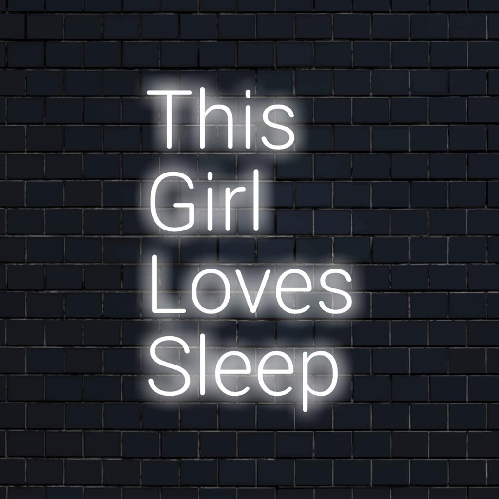 Custom LED neon sign that says This Girl Loves Sleep with a playful font, perfect for cozy unique neon light decor.