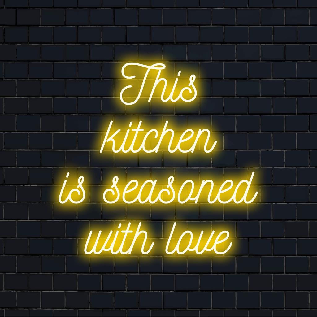 Custom LED neon sign with the phrase This Kitchen Is Seasoned With Love, perfect for neon wall art and cozy kitchen decor.