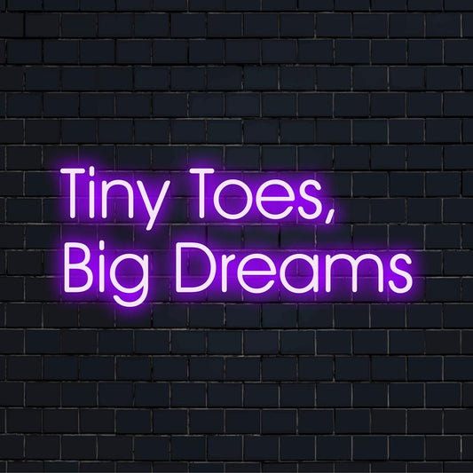 Vibrant custom LED neon sign featuring the phrase 'Tint Toes, Big Dreams,’ perfect as personalized neon decor.