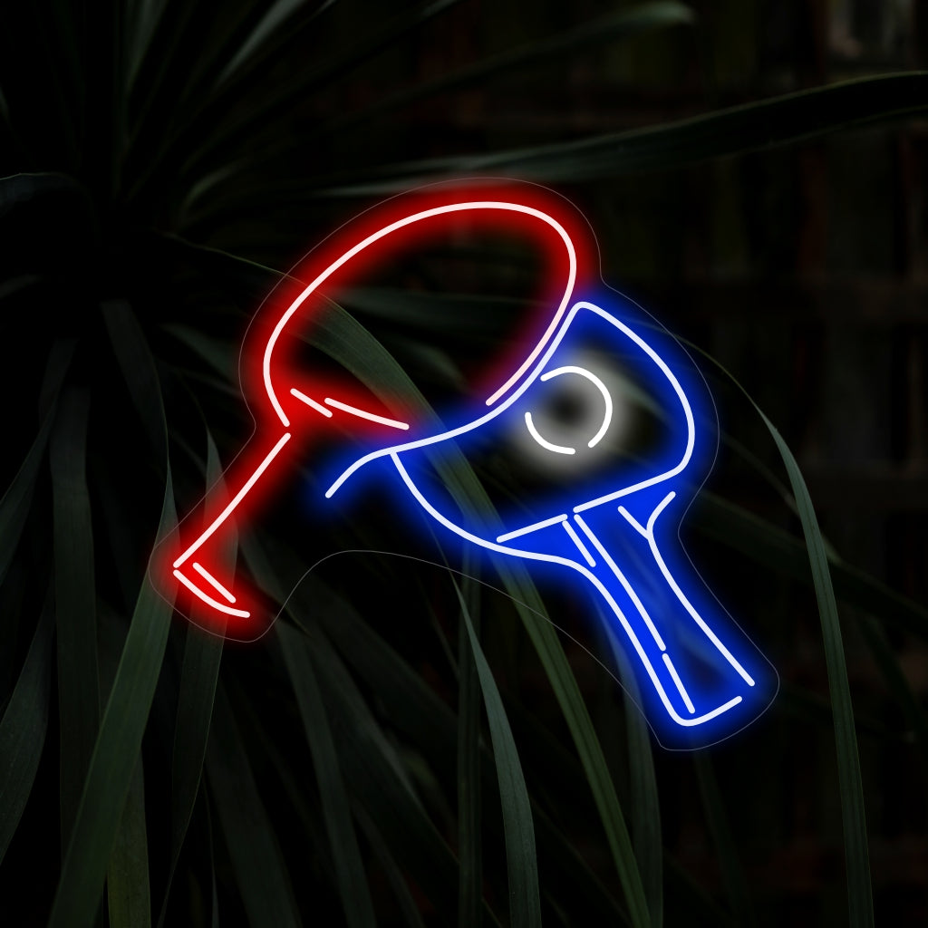 "Neonreclame met twee pingpongrackets en bal", een afbeelding van de spanning en energie van tafeltennis.