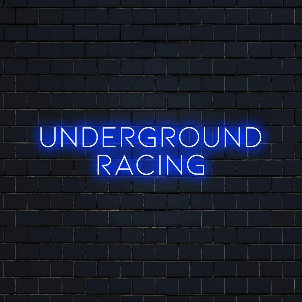 Op maat gemaakt LED-neonbord met de tekst Underground Racing, perfect om een ​​levendig racethema aan uw ruimte toe te voegen.