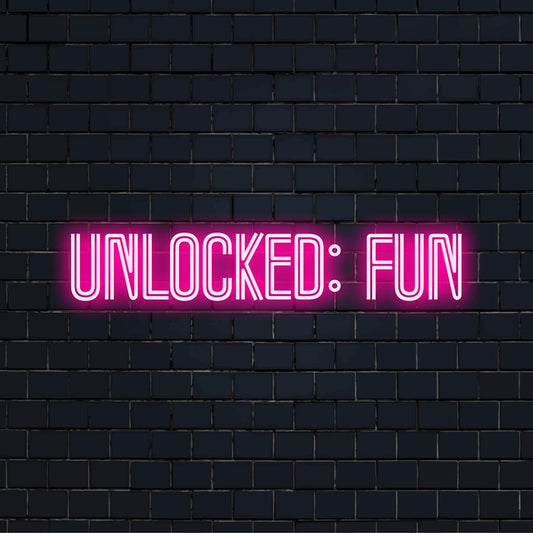 Colorful LED neon sign reading Unlocked Fun, capturing vibrant energy, perfect for unique wall art and bright home decor.