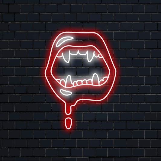 "Vampire Lips Neon Sign" met een zwoele gloed, die een intrigerende sfeer van verleiding en mysterie creëert.