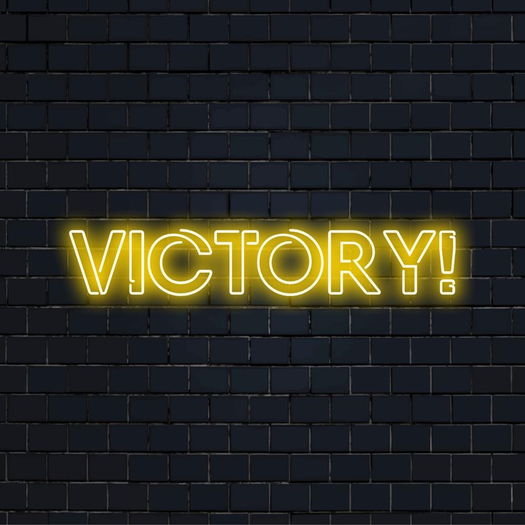 LED-neonbord met het woord Victory! in opvallende letters, dat schittert als een gepersonaliseerd neon statement piece.