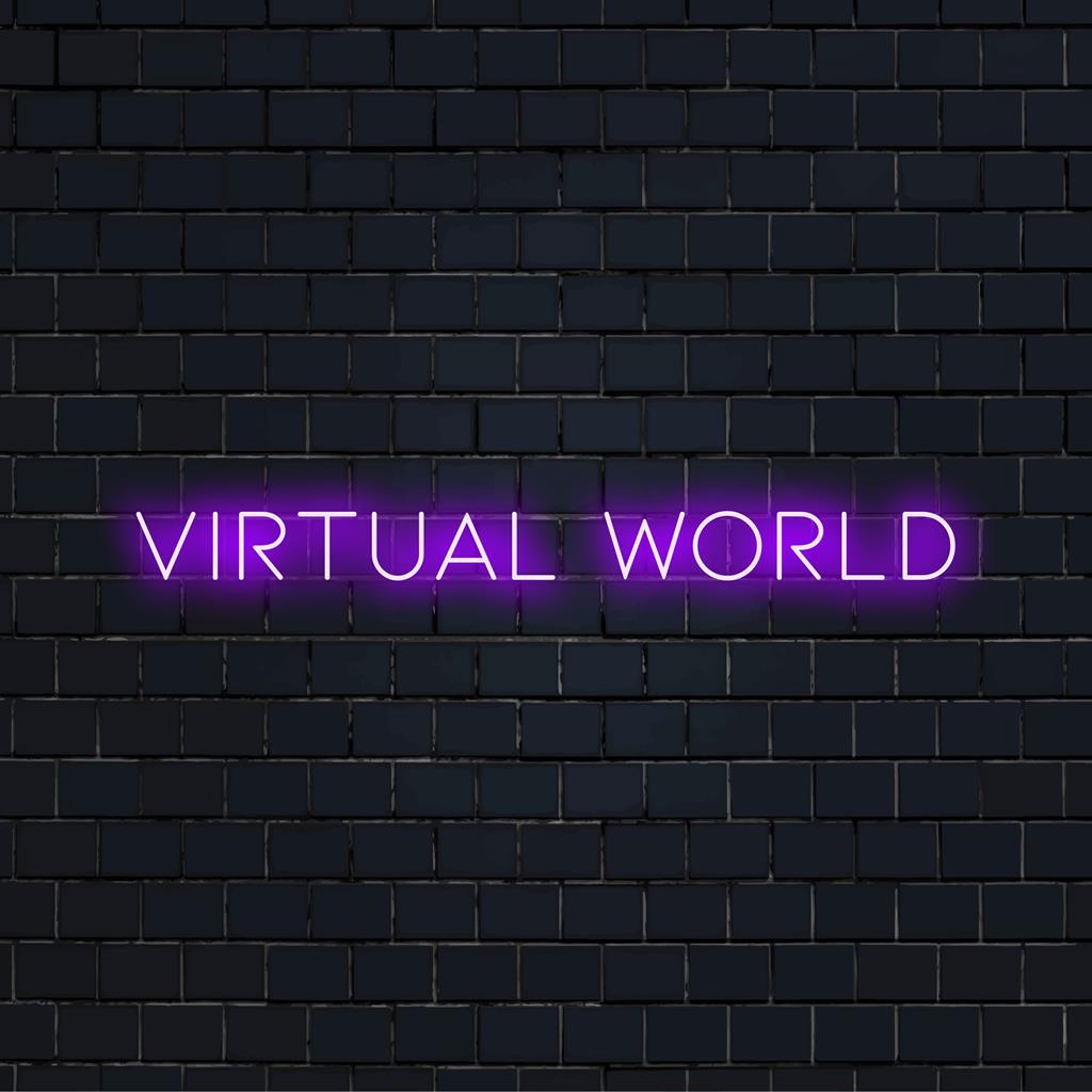 Custom LED neon sign titled Virtual World, showcasing an exciting neon art piece. Ideal for decor or personalized decor accents.