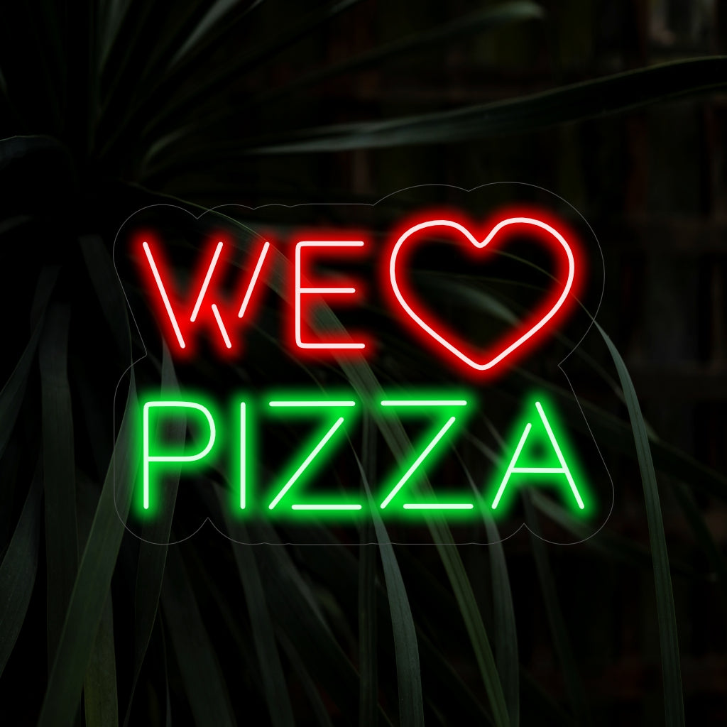 "We Love Pizza Neon Sign" schittert met een warme en uitnodigende gloed, en verkondigt daarmee onze liefde voor pizza.