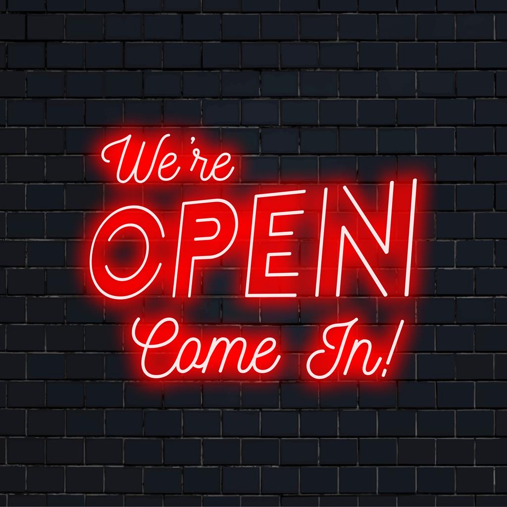 Kleurrijk LED-neonbord met de tekst 'We're Open Come In!' Ideaal voor winkels, cafés en meer. Perfect als neondecoratie.
