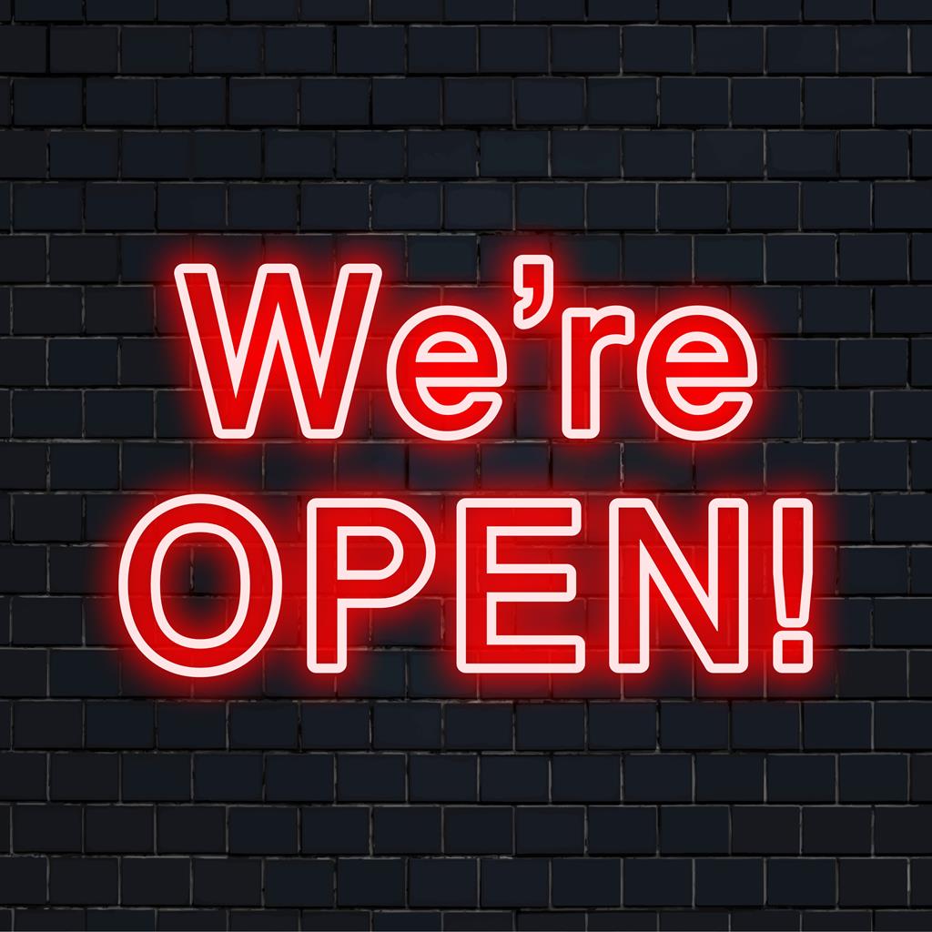 Levendig We're Open! LED-neonreclame; ideaal als opvallende neonverlichting voor de entree van elke winkel of bedrijf.