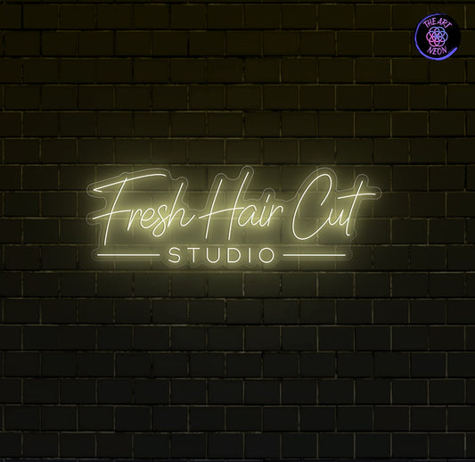 Räätälöidyt LED-neonkyltit – Fresh Hair Cut Studio & sakset 170 × 58 cm + 60 × 50 cm