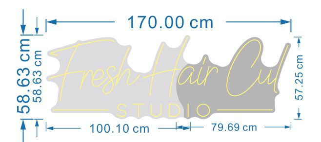 Räätälöidyt LED-neonkyltit – Fresh Hair Cut Studio & sakset 170 × 58 cm + 60 × 50 cm
