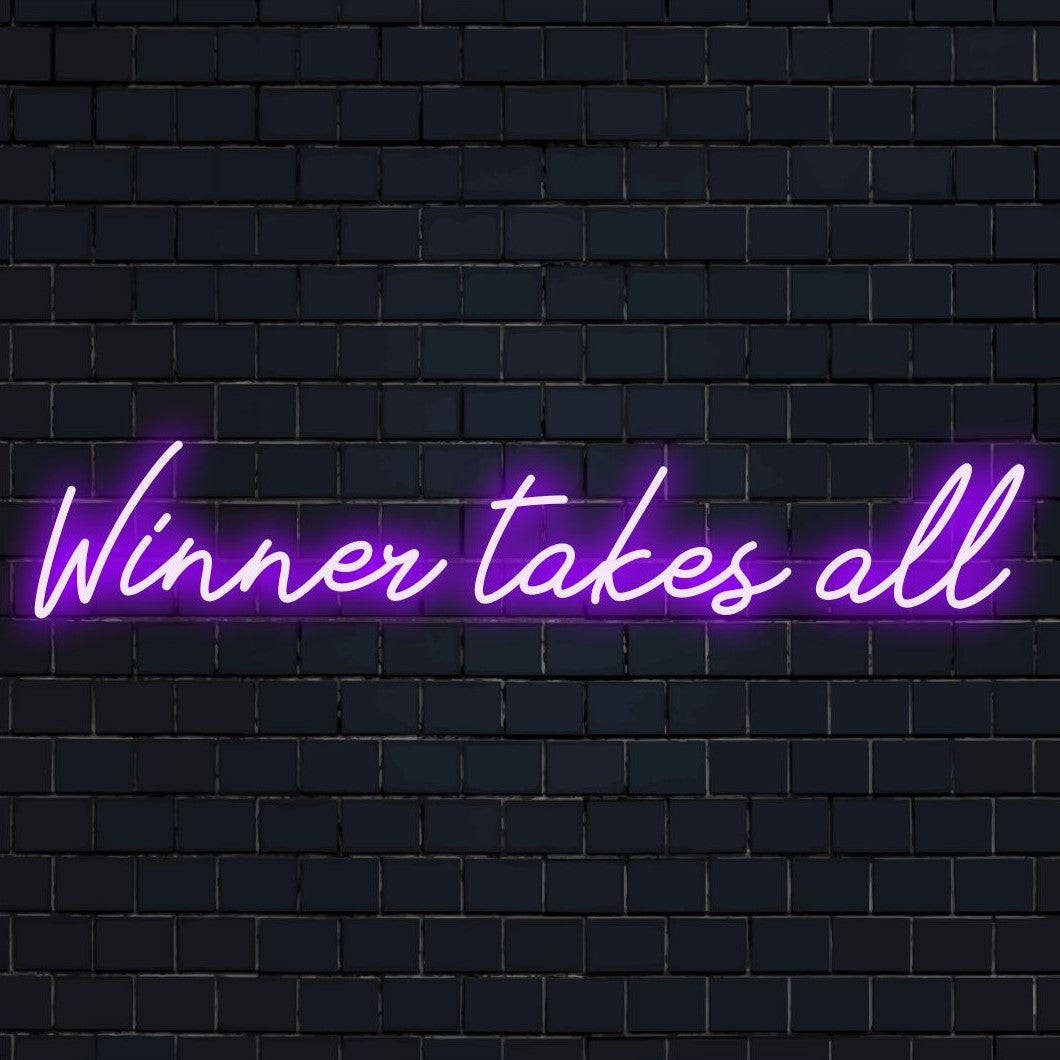 LED-neonbord met de tekst Winner Takes All in een opvallend wit, levendig en krachtig licht dat energie in elke kamer brengt.