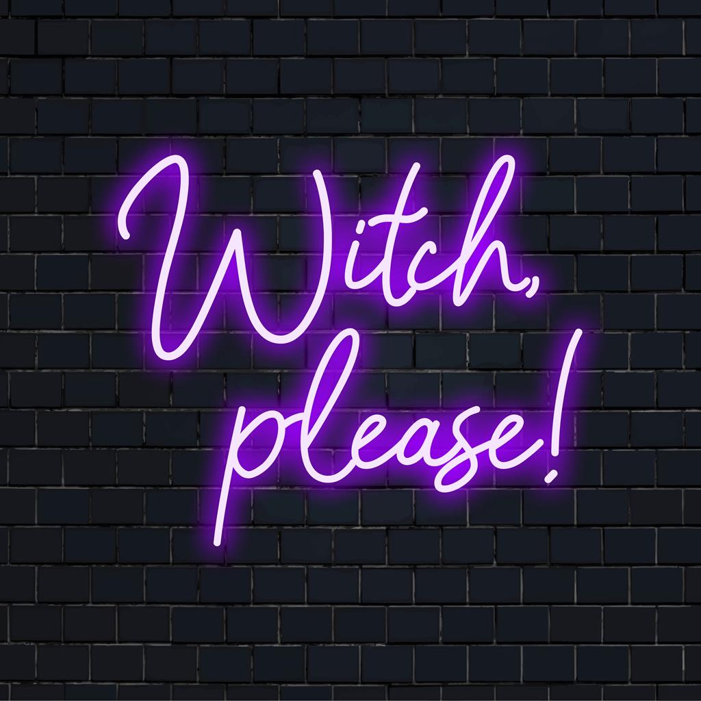 Kleurrijk, op maat gemaakt LED-neonbord met de speelse tekst Witch, Please! Perfect om elke ruimte te voorzien van levendige neonverlichting.