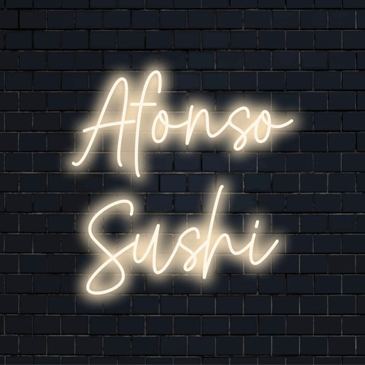 Afonso Sushi Custom Name Neon Sign, bright LED glow against brick backdrop