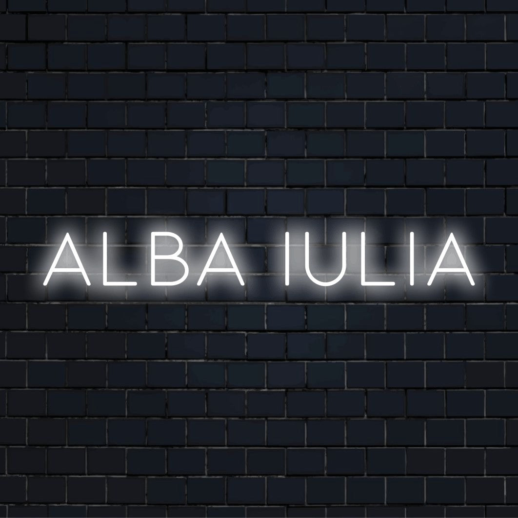 Alba Iulia Neon Sign, glowing wall decor on dark brick background