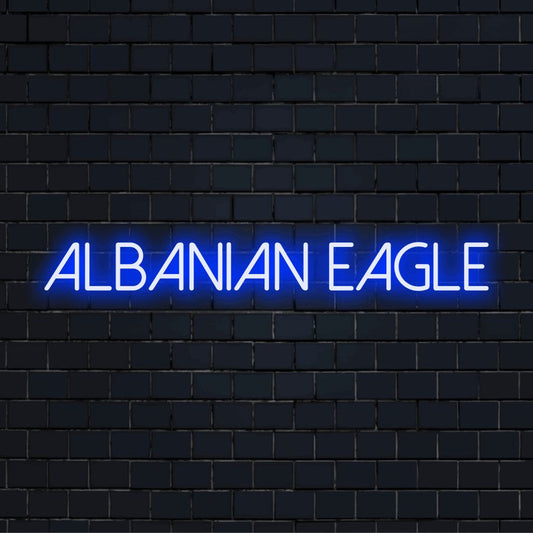 Albanian Eagle Neon Sign, bright neon lettering against brick backdrop