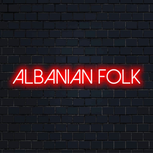 Albanian Folk Neon Sign, neon text light on dark brick wall