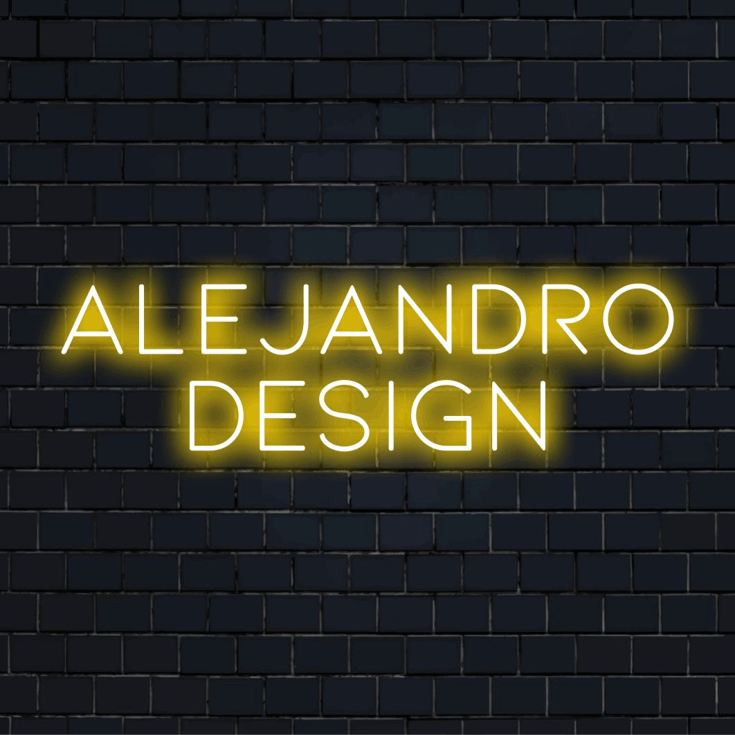 Alejandro Design Custom Name Neon Sign, bright LED glow on dark brick wall