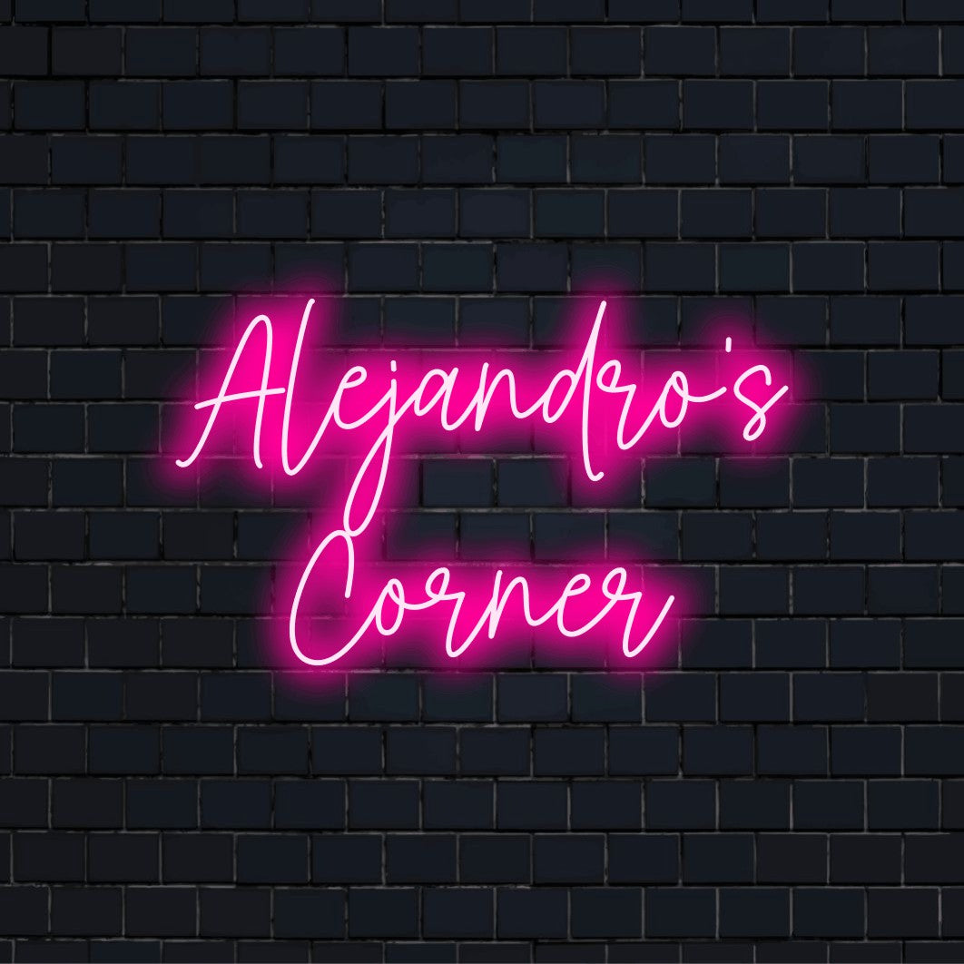 Alejandro_s Corner Custom Name Neon Sign, neon text light against brick backdrop