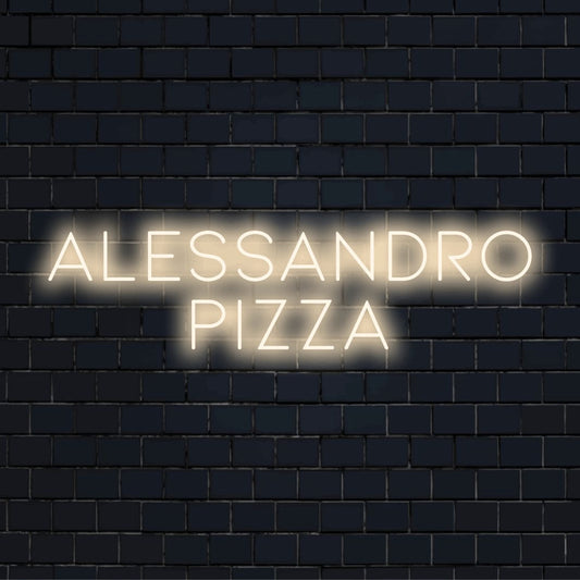 Alessandro Pizza Personalized Neon Light with neon text light against brick backdrop