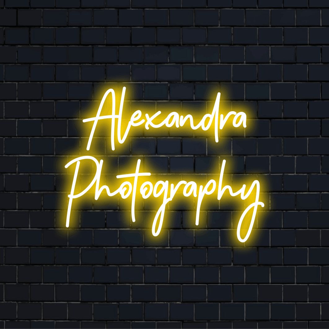 Alexandra Photography Personalized LED Neon Sign, neon text light on dark brick wall