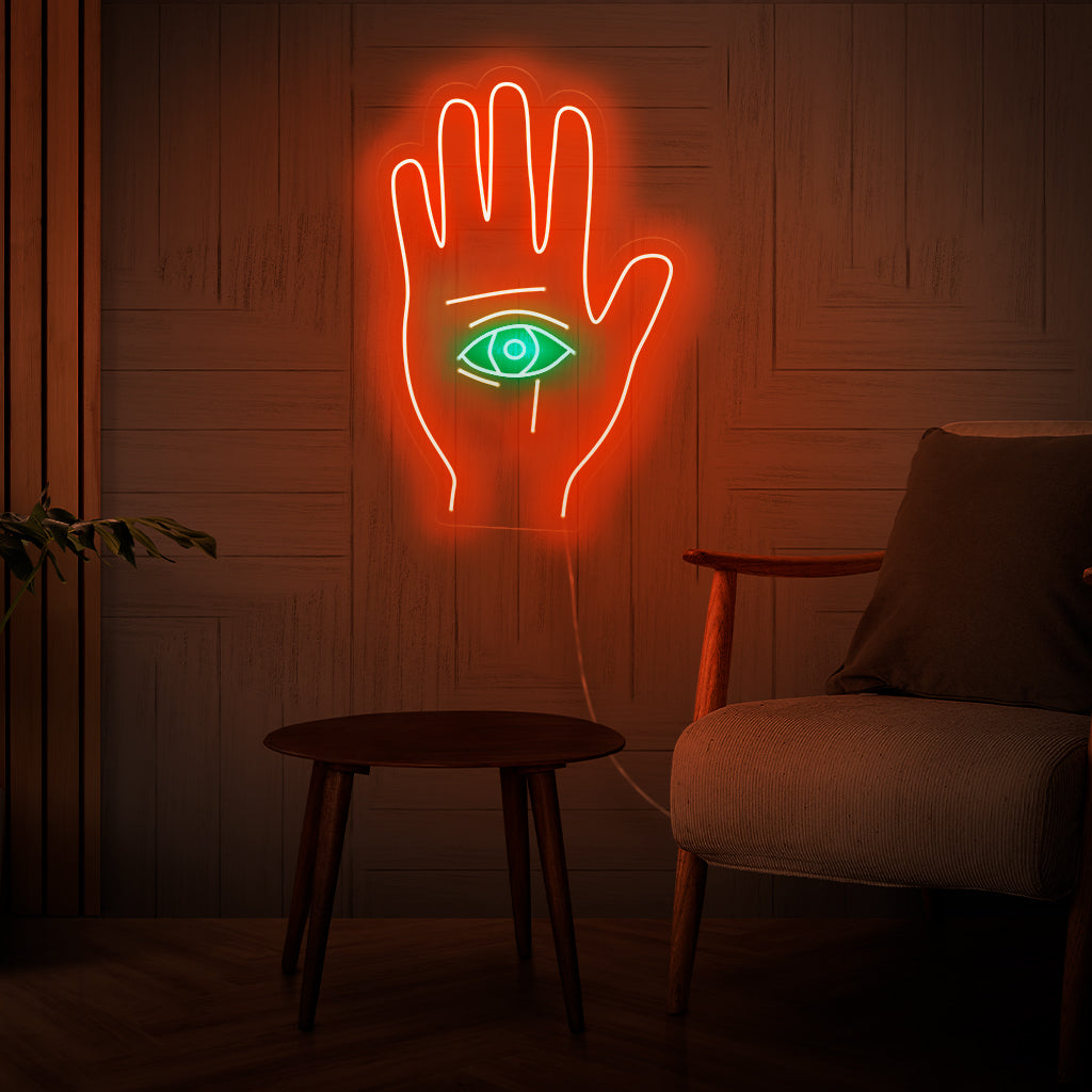 Handgemaakt neonbord met het alziende oog op een palm, een mystiek en spiritueel symbool, perfect als lichtkunstwerk aan de muur.