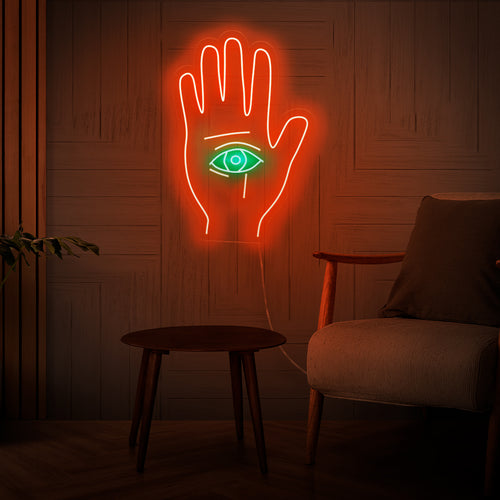 Handgemaakt neonbord met het alziende oog op een palm, een mystiek en spiritueel symbool, perfect als lichtkunstwerk aan de muur.